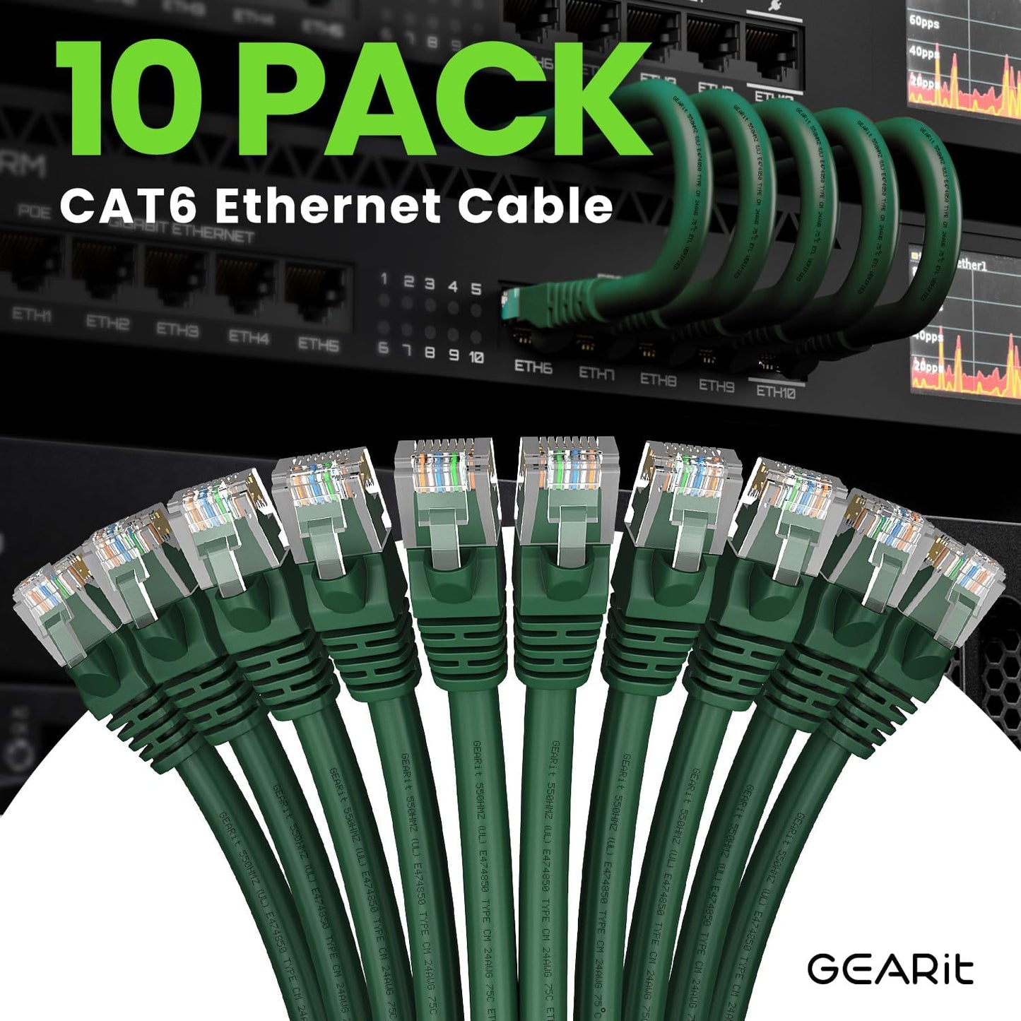 GearIT Cat 6 Ethernet Cable (10-Pack 15 Feet) Cat6 Network Patch, 10Gbps, RJ45, Snagless Cord, Gold-Plated Connectors, Internet for PC, TV, Tablet, Router, Printer, Servers, IT Data Center - Green