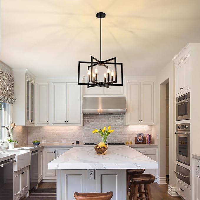 6-Light Black Chandelier, Farmhouse Dining Room Light Fixture, Large Modern Chandelier, Geometric Industrial Metal Hang Lighting Fixture for Foyer Entryway Kitchen Over Table Hallway Living Room