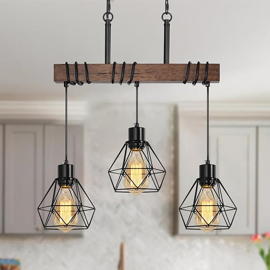 3-Light Kitchen Island Pendant Lighting Over Island - Adjustable Height Linear Chandelier for Dining Room with Diamond Shades, Farmhouse Black Metal & Rustic Wood Ceiling Light Fixture, E26 Base