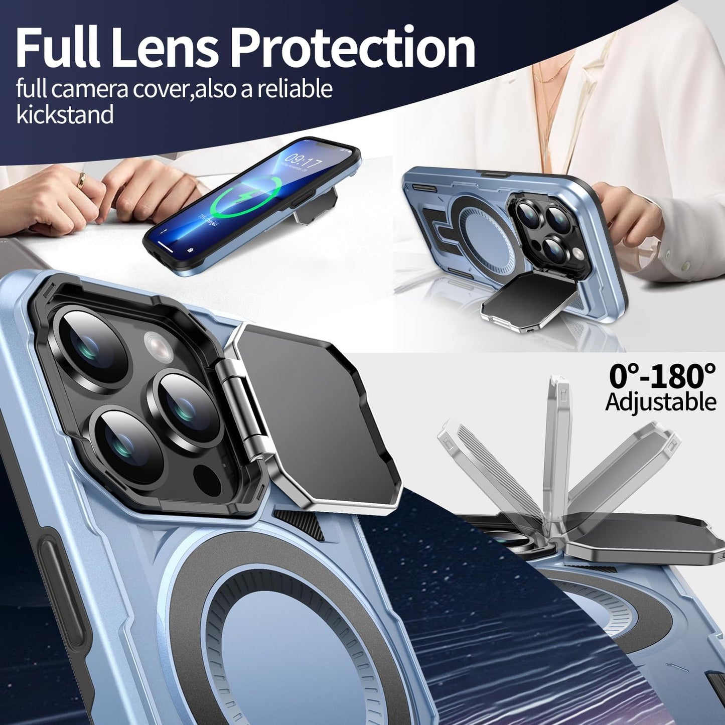 Camera Stand Case for iPhone 13 Pro Max, [Compatible with MagSafe] [Lens Cover] 2024 Version Military Grade Protective Soft Case for iPhone 13 Pro Max 6.7 inch Men Women, Blue
