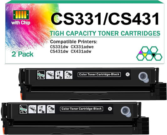 20N10K0 Black Toner Cartridge(with chip) for Lexmark CS331dw CS431dw CX331adwe CX431adw Printer,1,500 Pages High Yield Ink Cartridge Compatible 20N1HK0,20N1XK0 (2 Pack Black)