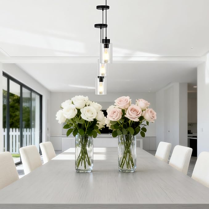Pendant Lights Kitchen Island 3 Pack, Modern Black Hanging Lights Fixtures with Clear Glass Globe Shade, Kitchen Island Lighting for Bathroom