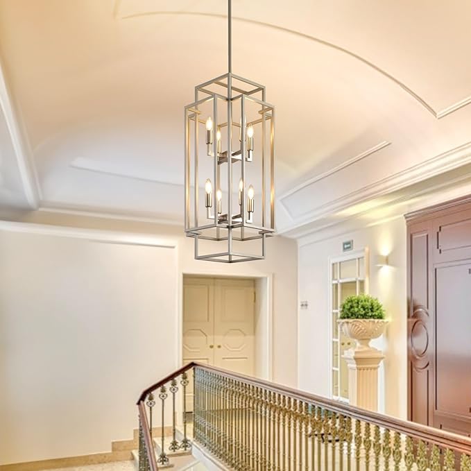 WJShome 31.5" Farmhouse Chandelier, Large Chandeliers for High Ceilings, Modern Foyer Lighting Fixtures, 8-Light Silver Tiered Lantern Pendant Light, for Living Room Staircase Entryway