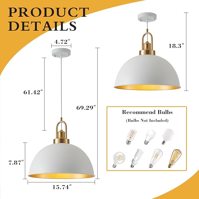 15.74" Industrial White Large Pendant Light Matte Finish Metal Light Fixture Farmhouse Hanging Light for Kitchen Island Dining Room Hallway