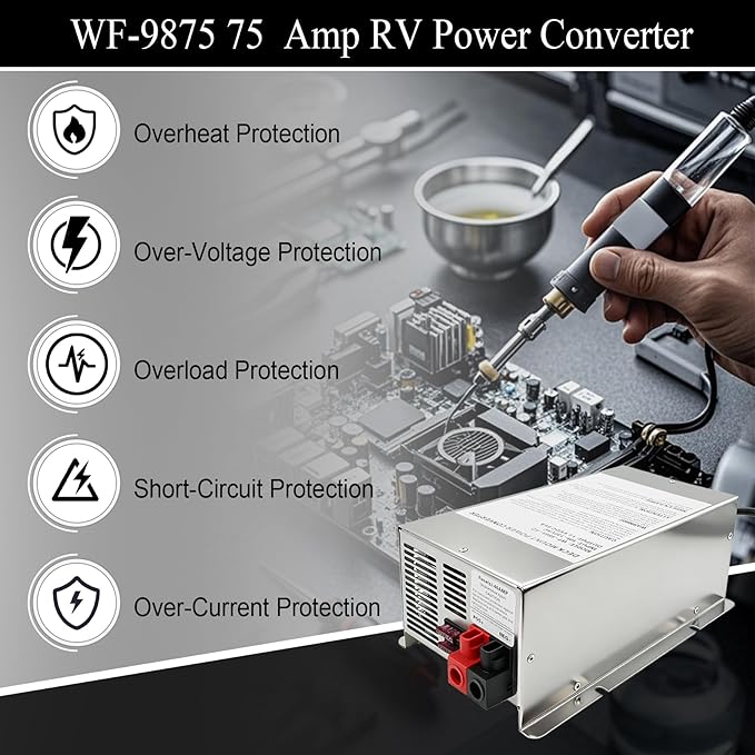 WF-9875 75 Amp RV Power Converter – Deck Mount Three-Stage Smart Charging, Compatible with WF-9800 Series, for RV Trailers Campers & Boats