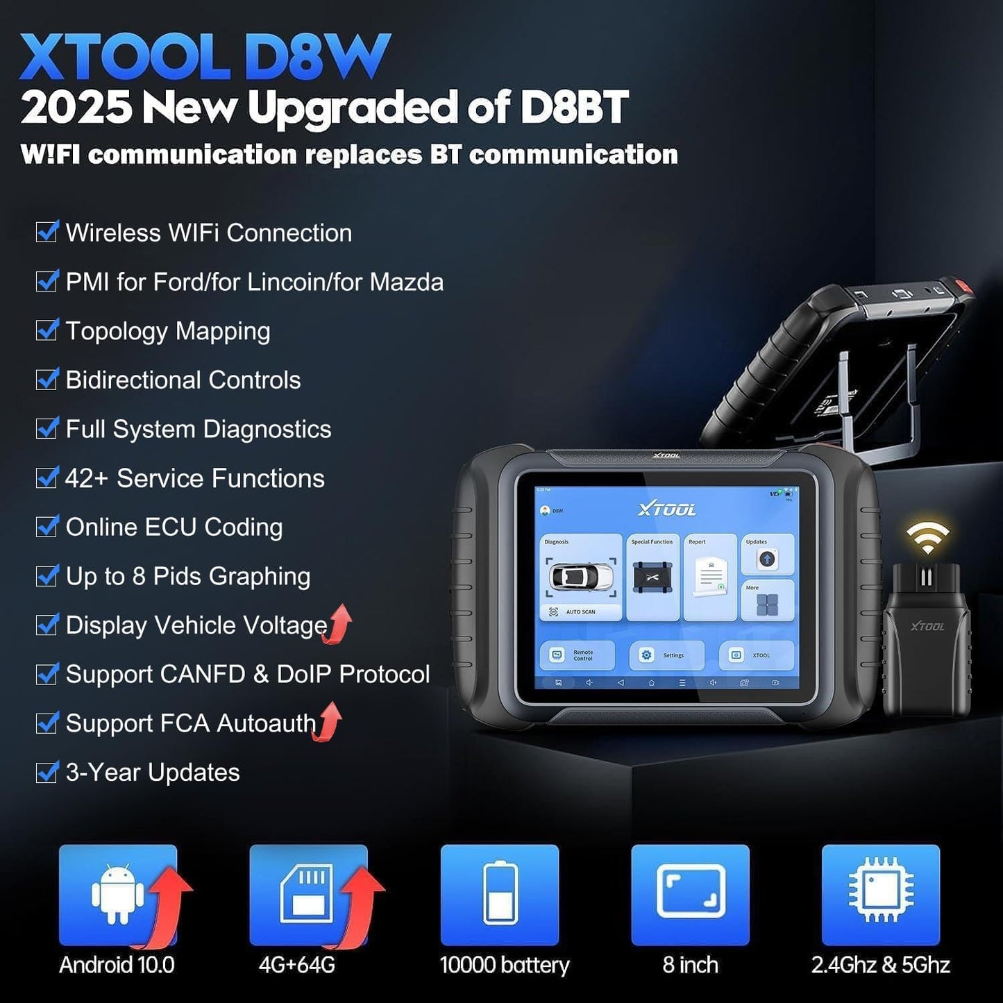 XTOOL D8W OBD2 Scanner Diagnostic Tool Wireless Bidirectional Scan Tool with Topology, ECU Coding, 42 Reset, Active Tests, Crankshaft Relearn, All System PMI, CANFD/DoIP FCA, 3-Yr Update