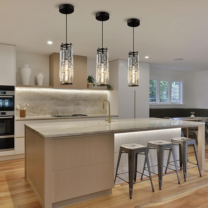 LMQNINE Pendant Lights Modern Black Pendant Light Mini Crystal Chandelier Pendant Lighting for Kitchen Island Dinning Room Bedroom Kitchen Sink Lighting (Black 3-Pack)