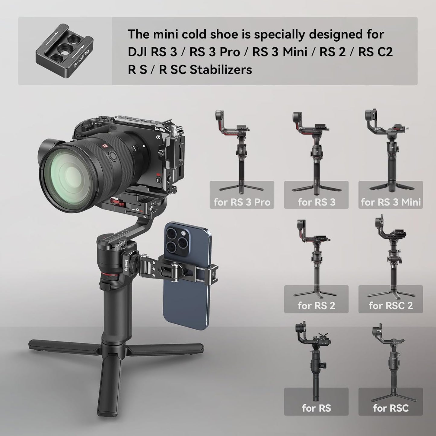 SMALLRIG Universal Phone Tripod Mount, Metal Cell Phone Mount with Cold Shoe Mount and M4 Screws for DJI RS 4 Mini/Pro, Free Adjustment Phone Mount Adapter for iPhone 16 15, for Samsung Galaxy- 4301