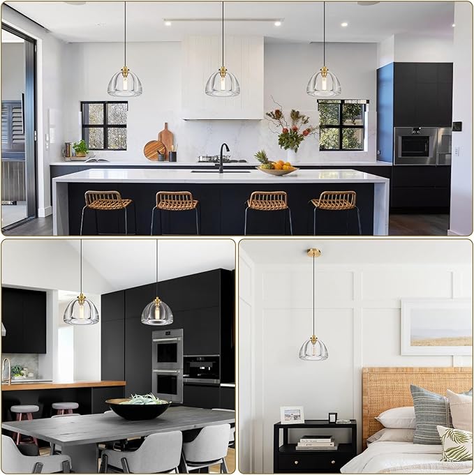 Crystal Pendant Light Kitchen Island: 2 Pack Luxury Brass Hanging Lights - 7" Modern Crystals Hemispher Lighting Fixture over Dining Table - Adjustable Gold Pendants Light for Bathroom Bulbs Included
