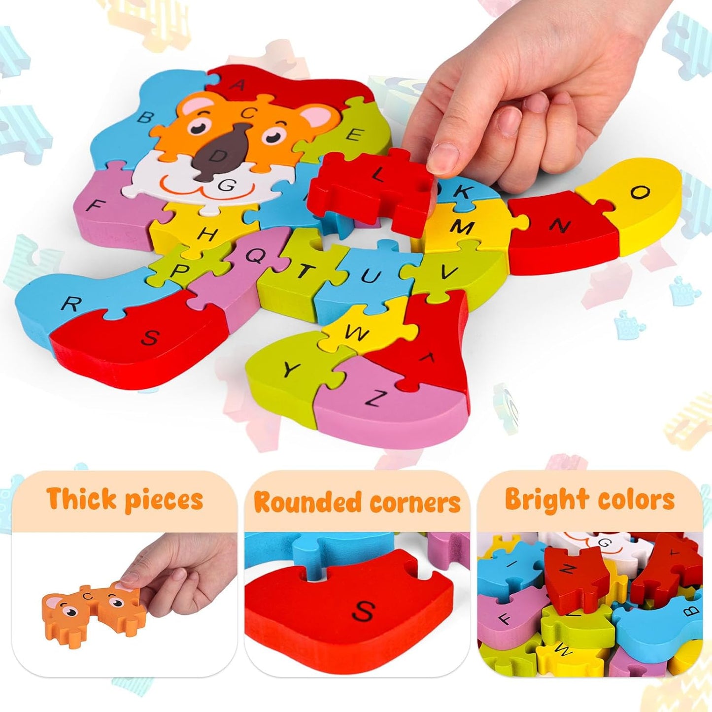 LovesTown Wooden Puzzle Learning Toys Alphabet Number Building Blocks Educational Gift for Preschool Kids Animal Lion Jigsaw 26 PCS