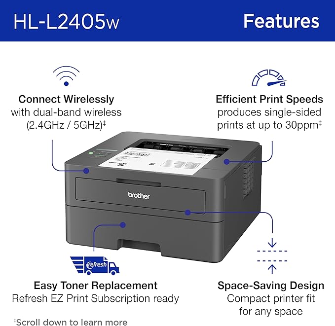 Brother HL-L2405W Wireless Compact Monochrome Laser Printer with Mobile Printing, Black & White Output | Includes Refresh Subscription Trial(1), Works with Alexa