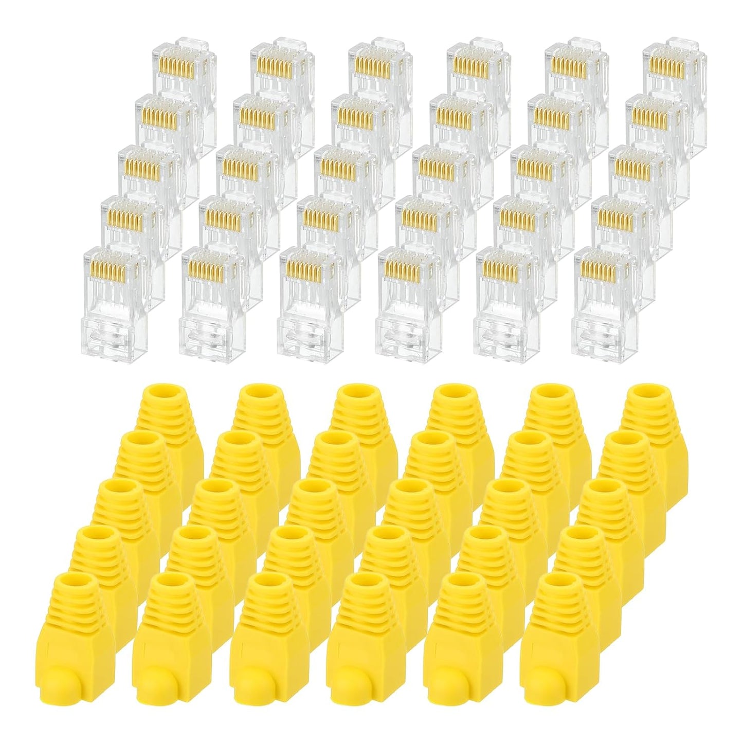 MECCANIXITY 100pcs Cat6 RJ45 Pass Through Connectors, RJ45 Connector 8P8C Gold Plated Plugs with 100pcs Yellow Strain Relief Boots for Solid or Stranded UTP Ethernet Cable, 1.1mm