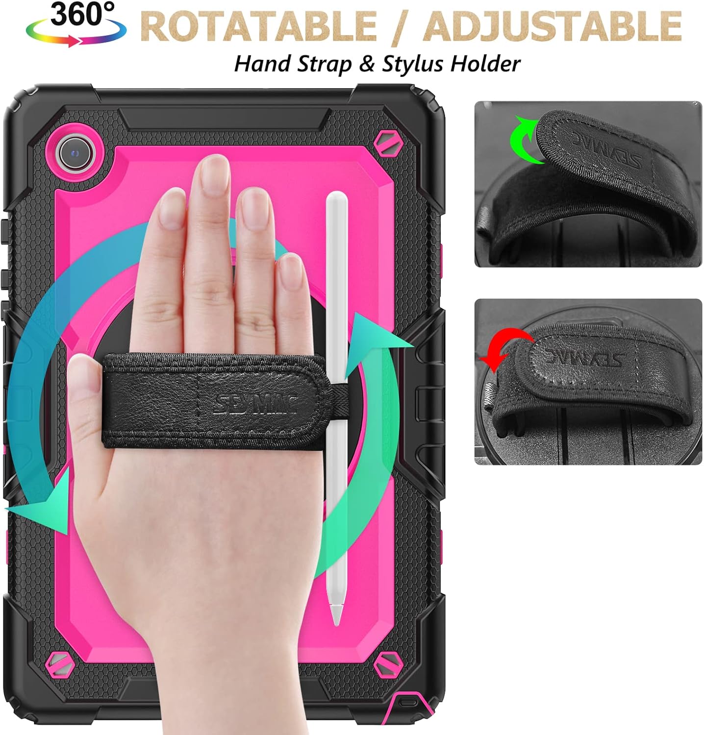 SEYMAC stock Case for Samsung Galaxy Tab A9 8.7'', Full-Body Drop Protection Case with Screen Protector Pencil Holder [360° Rotating Hand Strap] &Stand, Pink+Black