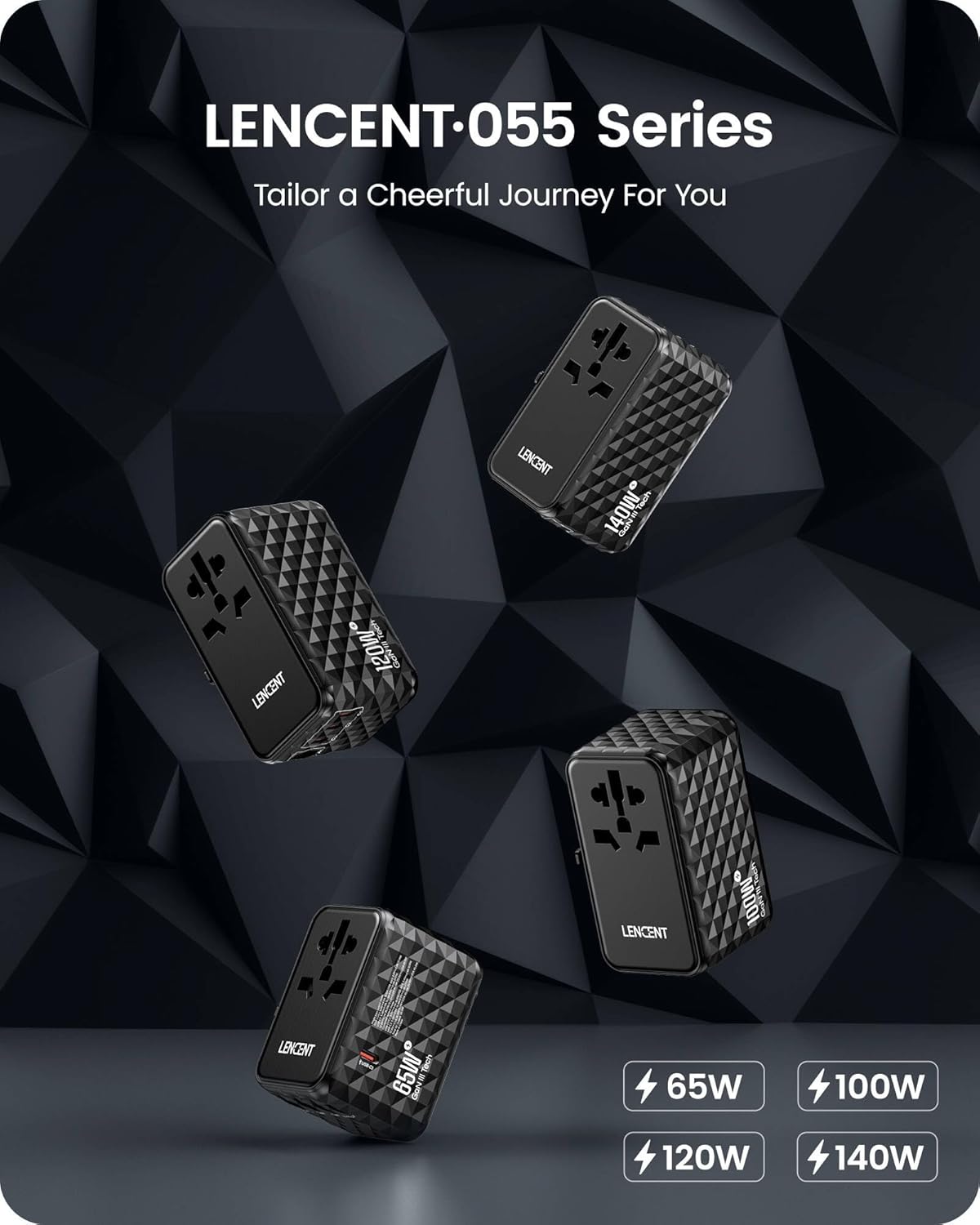 LENCENT 65W Universal Travel Adapter, GaN International Fast Charger 2 USB-A & 2 USB-C Power Plug Converter, Power Outlet Adapter for Phones,Laptops, All in One Travel Essentials for EU/USA/UK/AU