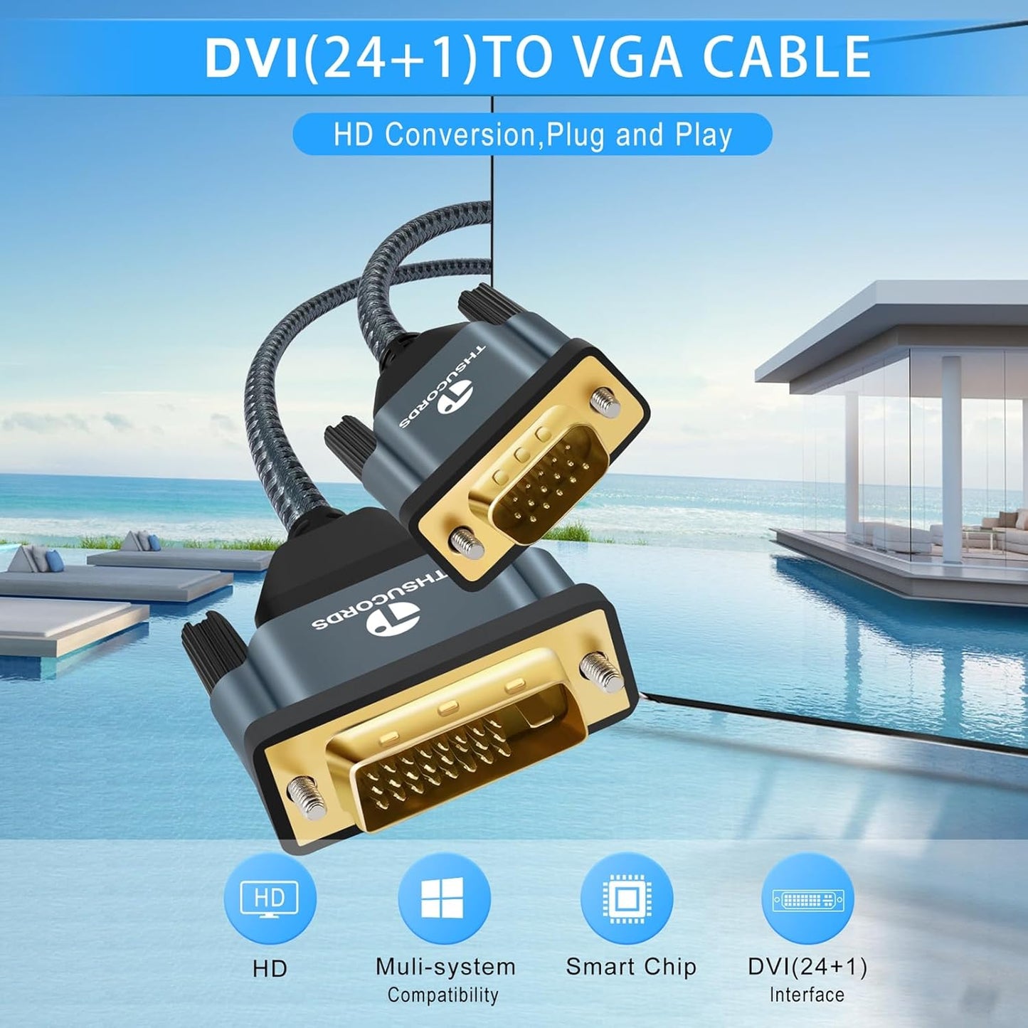 DVI to VGA Cable 3.3FT, Uni-Directional DVI-D to VGA Adapter Male to Male Gold-Plated Braided 1080P Full HD Cord for HDTV, PC,Laptop, Monitor, Projector