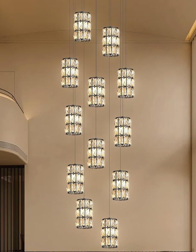 12-Lights Modern Crystal LED Dimmable for Staircase Foyer High Ceiling Chandeliers Hallway Black