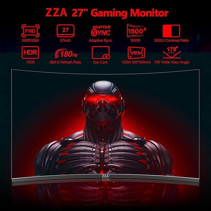 ZZA 27 Inch Curved Gaming Monitor 200Hz|180Hz /144HZ 1ms FHD 1080P Computer Monitor FreeSync|1500R|130% sRGB|HDR|Low Blue Light|HDMI DP Ports|VESA Mount|Metal Stand