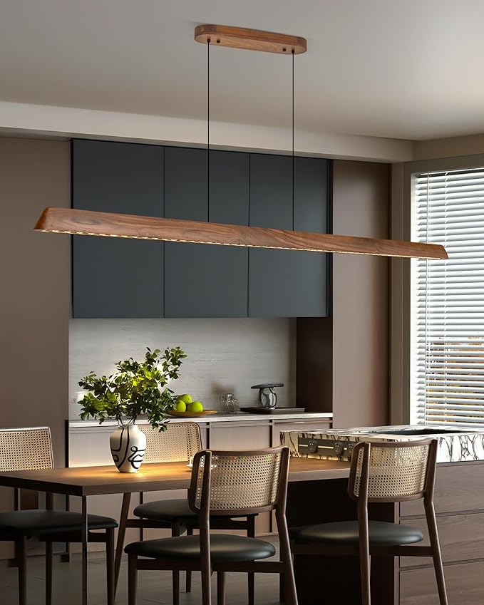 57" Wood Linear Pendant Light, Dimmable Kitchen Island Lighting with Remote, 30W LED Island Lights for Kitchen, Adjustable Linear Chandelier for Dinning Room Light Fixture, Bar, Pool Table Light