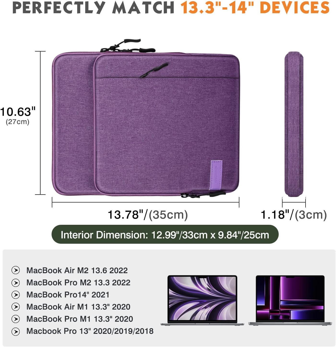MoKo Laptop Sleeve Bag for 13.3-14 Inch, Notebook Carrying Case with Pocket Fits New MacBook Pro M3/M2 14" /13" M2/M1 Pro/M1 Max 14.2 2023-2021/Air 13.6" M2 2022, Surface Pro 9/8 13", Purple