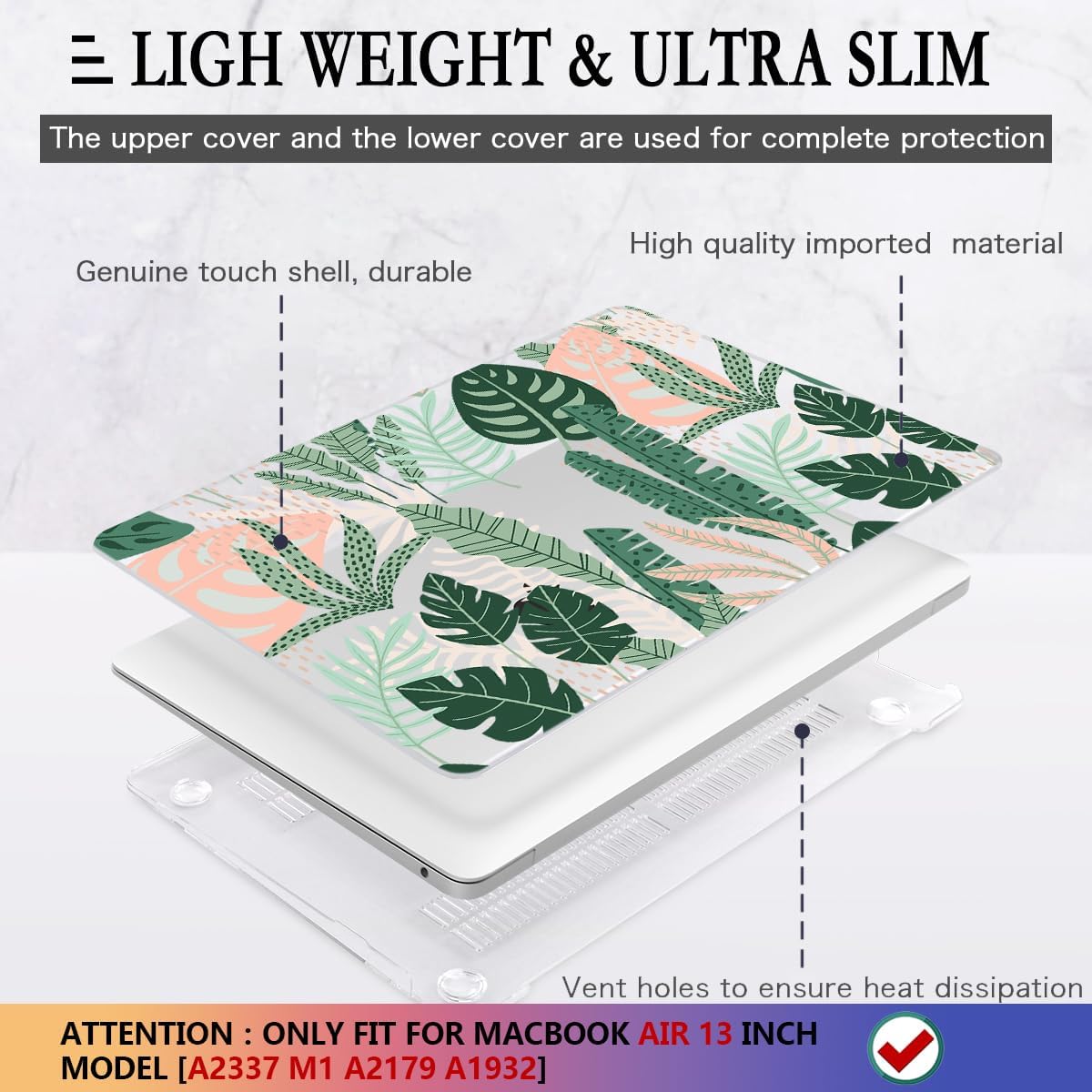 CISSOOK for MacBook Air 13 inch Case 2021 2020 2019 2018 Release A2337 M1 A2179 A1932 with Touch ID, Tropical Hard Shell Case with 2 Keyboard Covers for MacBook Air 13 2021, Tropical Palm Leaves