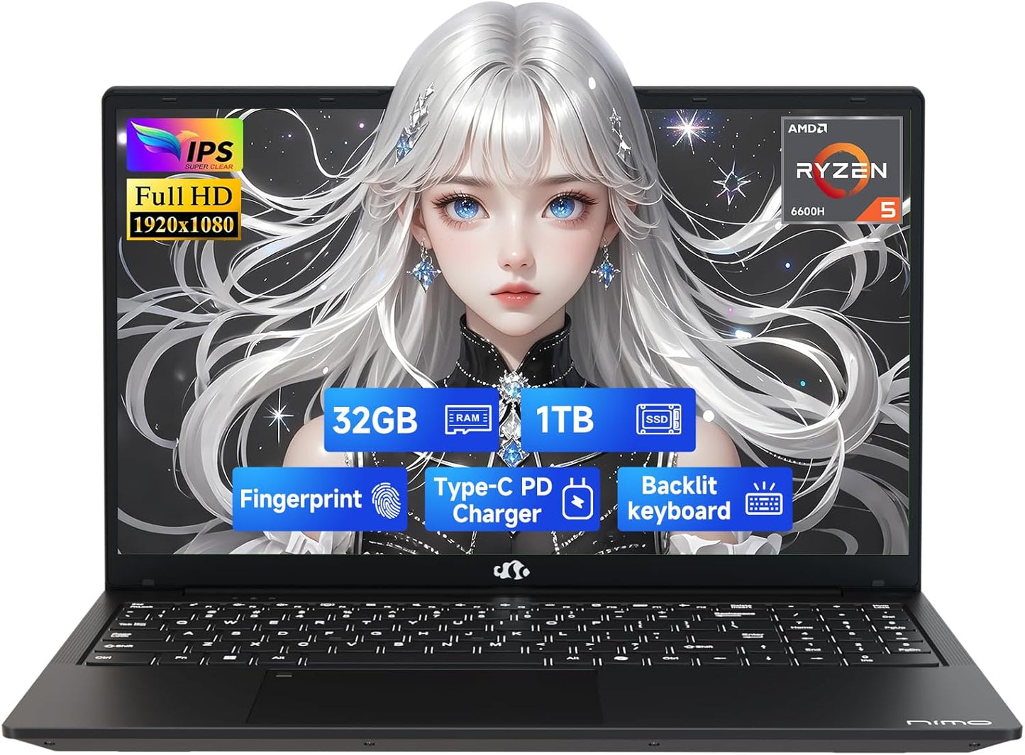 NIMO 15.6" IPS FHD-Gaming-Laptop, AMD Ryzen 5 6600H 6 Cores 32GB DDR5 RAM 1TB SSD (Beat i7-1165G7, Up to 4.5GHz) Radeon 660M GPU-Computer with Backlit Keyboard 100W Type-C Fingerprint Win 11
