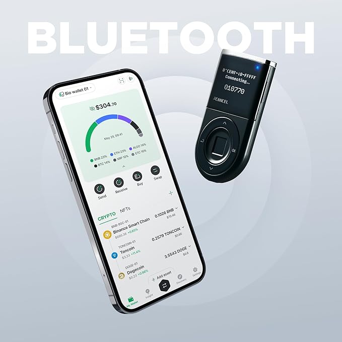 D'CENT Hardware Wallet – Biometric Cold Wallet for Crypto with Fingerprint Authentication | Secure Bluetooth Storage for Bitcoin, Ethereum, XRP, XDC, Solana, Stablecoins & More. (Double unit)