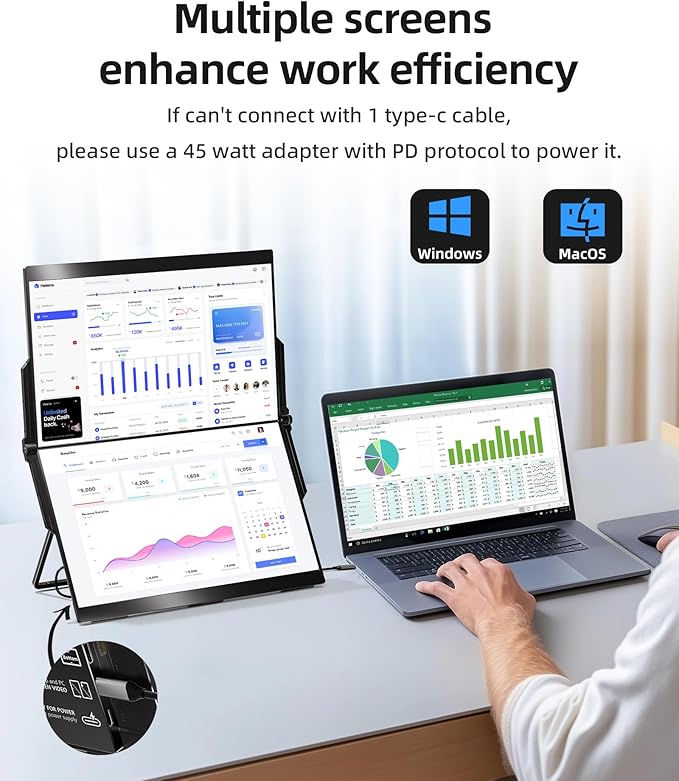 Ingnok 15.6" Dual Monitor, FHD 1080P 100% sRGB Laptop Screen Extender for Windows Mac, with 4 Speakers, 2 HDMI USB C Ports, for Office Gaming Triple Monitor