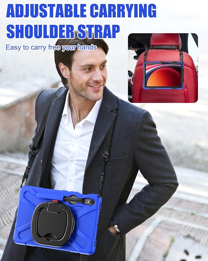 BRAECN Rugged Case for Galaxy Tab S10 Lite/S10 FE/S9 FE 10.9 Inch & S9/S8/S7 11 Inch 2025/2023 SM-X400/X520/X510/X710 | Heavy Duty Silicone Cover with Kickstand, Shoulder Strap & S Pen Holder, Blue