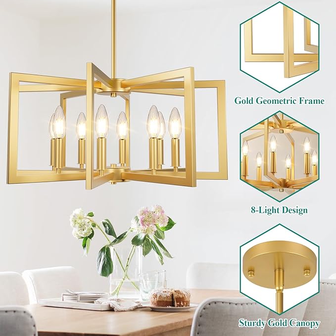 8-Light Gold Chandelier, Farmhouse Dining Room Light Fixture, Modern Chandelier, Geometric Industrial Metal Hang Lighting Fixture for Foyer Entryway Kitchen Over Table Hallway Living Room