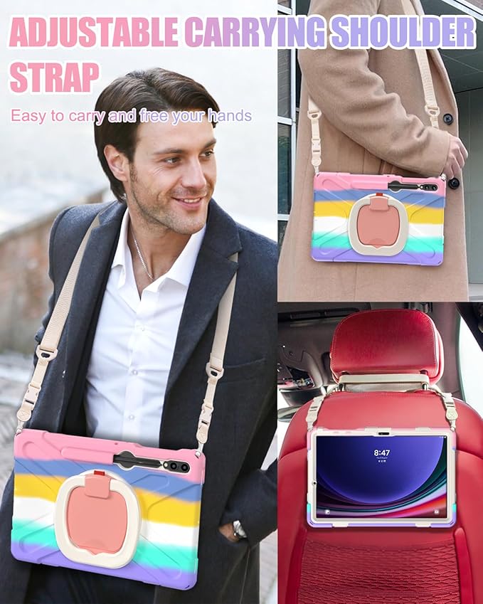 BRAECN Case for 12.4 Inch Samsung Tablet S9 FE+ Plus/ S9+ Plus/ S8+/ S7 FE/ S7+ SM-X610/810 2023, Rugged Silicone Case with S Pen Holder, Handle Grip, Kickstand,Shoulder Strap, Colorful Pink