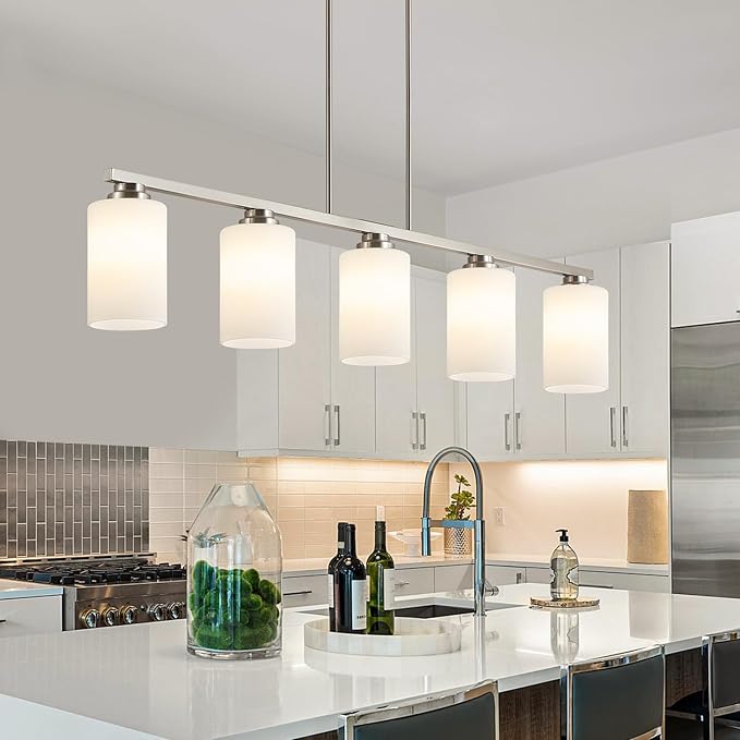 Island Light for Kitchen, Brushed Nickel Dining Room Light Fixture Over Table with Milk Glass Shade, 5-Light Linear Chandelier Pendant Lighting for Dining Table Kitchen Island Living Room