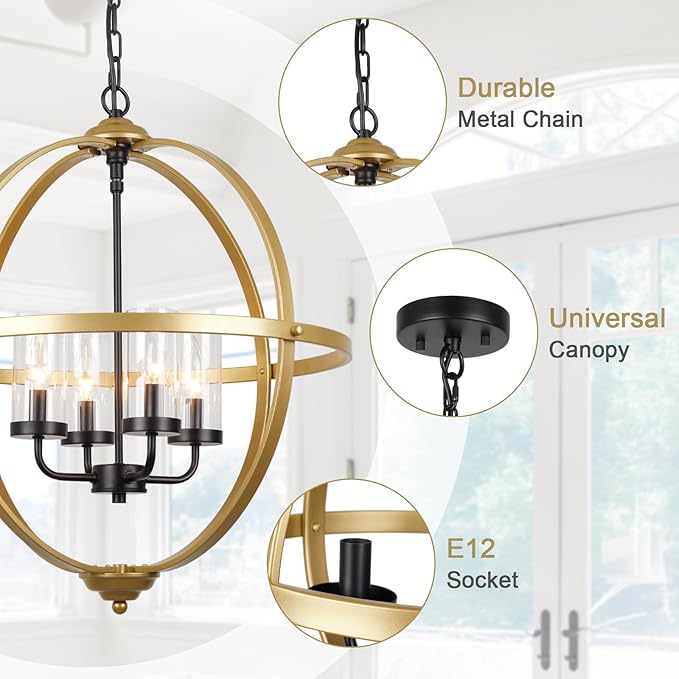 Treekee Chandelier Farmhouse Hanging Lighting, 4-Light Globe Orb Chandelier, Adjustable Modern Pendant Light Fixture for Dining Entryway Foyer, Black and Gold Finish