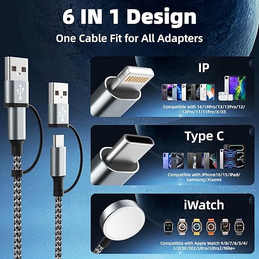 Travel 3 in 2 Charging Cable for Apple iWatch Charger, Travel Essentials UB-A/USB-C Multi Charging Cable/Cord for All Devices Compatible for iWatch Ultra/SE/10-1, iPhone16 15 14, Android-5FT