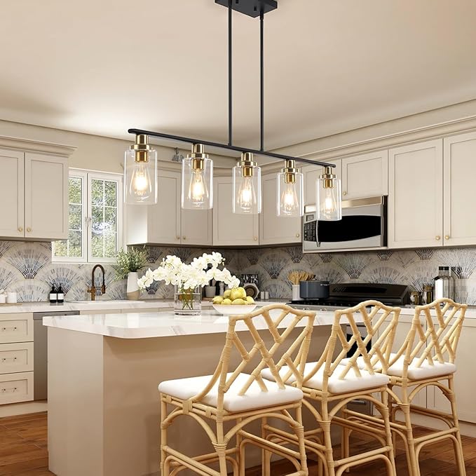 Island Light for Kitchen, 5 Lights Dining Room Lights Fixture with Clear Glass Shade, Matte Black and Gold Finish Pendant Lighting Over Table - ETL Listed