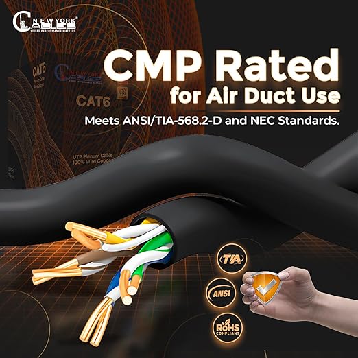 NewYork Cables | CAT6 Plenum Cable 1000ft UL/ETL Listed, 100% Pure Copper, UTP, 550MHz, 23AWG, 4Pair 10GB Ethernet Cable | Certified CMP-Rated Fire-Resistant (1000ft, Pure Copper UL Listed, Black)