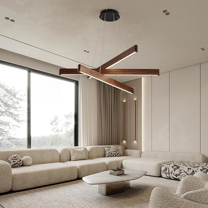 3-Light Linear Pendant,Dining Room Light Fixture,Modern Led Chandeliers for Living Room,Dimmable Wood Ceiling Pendant Light,45W for Living Room,Dining Room,Kitchen Island,Walnut Color