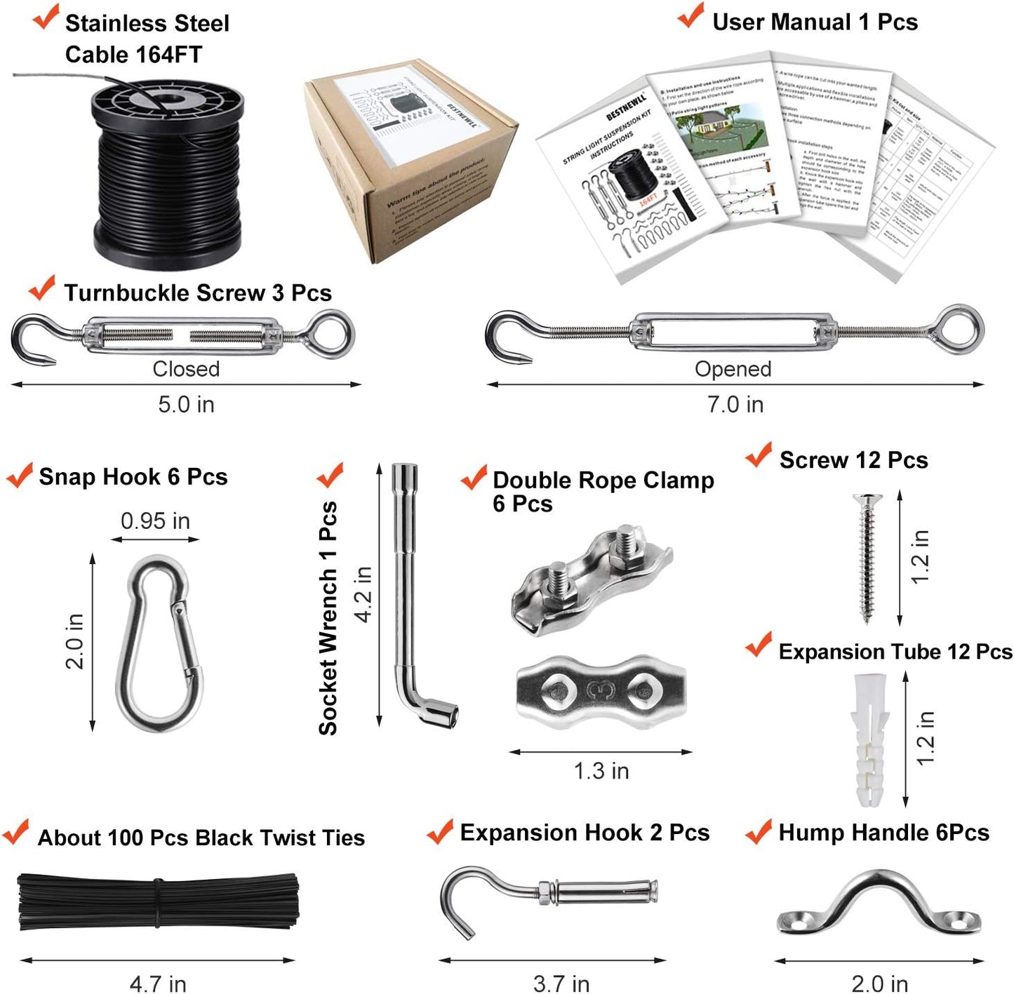String Lights Hanging Kit,Globe String Lights Suspension Kit,Outdoor Light Guide Wire,Includ 164 FT Nylon-Coated Stainless Steel Wire Rope Cable,Turnbuckle and Hooks,Enough Accessories,Use Manual