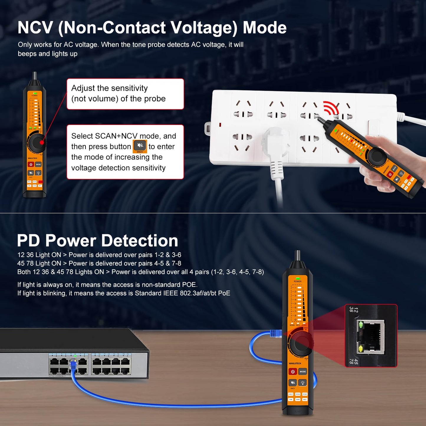 Rechargeable Digital Tone Cable Tester, WANLUTECH Tone Generator with Probe Support Optical Power Meter Visual Fault Locator PoE Test Cable Continuity Testing Port Flashing NCV (LT-300S)