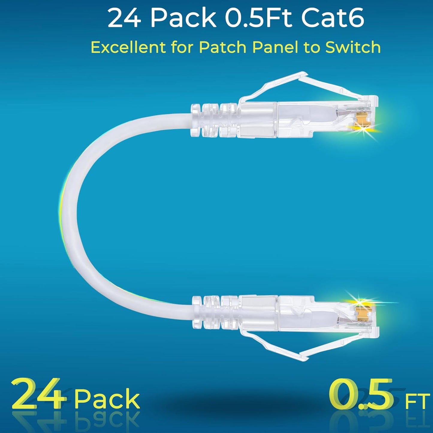 Rapink Patch Cables Cat6/ Cat6a 0.5ft (24 Pack) Slim, Cat6a Ethernet Patch Cable 10G Support, Snagless Cat 6 Patch Cable for Patch Panel to Switch, Flexiable Cat6 Ethernet Cable White