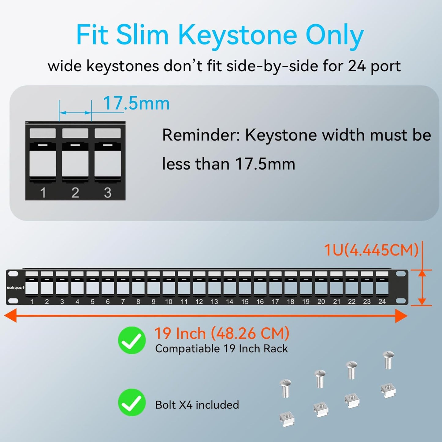 24 Port Blank Keystone Patch Panel with Snap-in Design, Cat6 Network Patch Panel 1U 19 inch, Rack Mount Ethernet Patch Panel (for Slim Keystone Only)