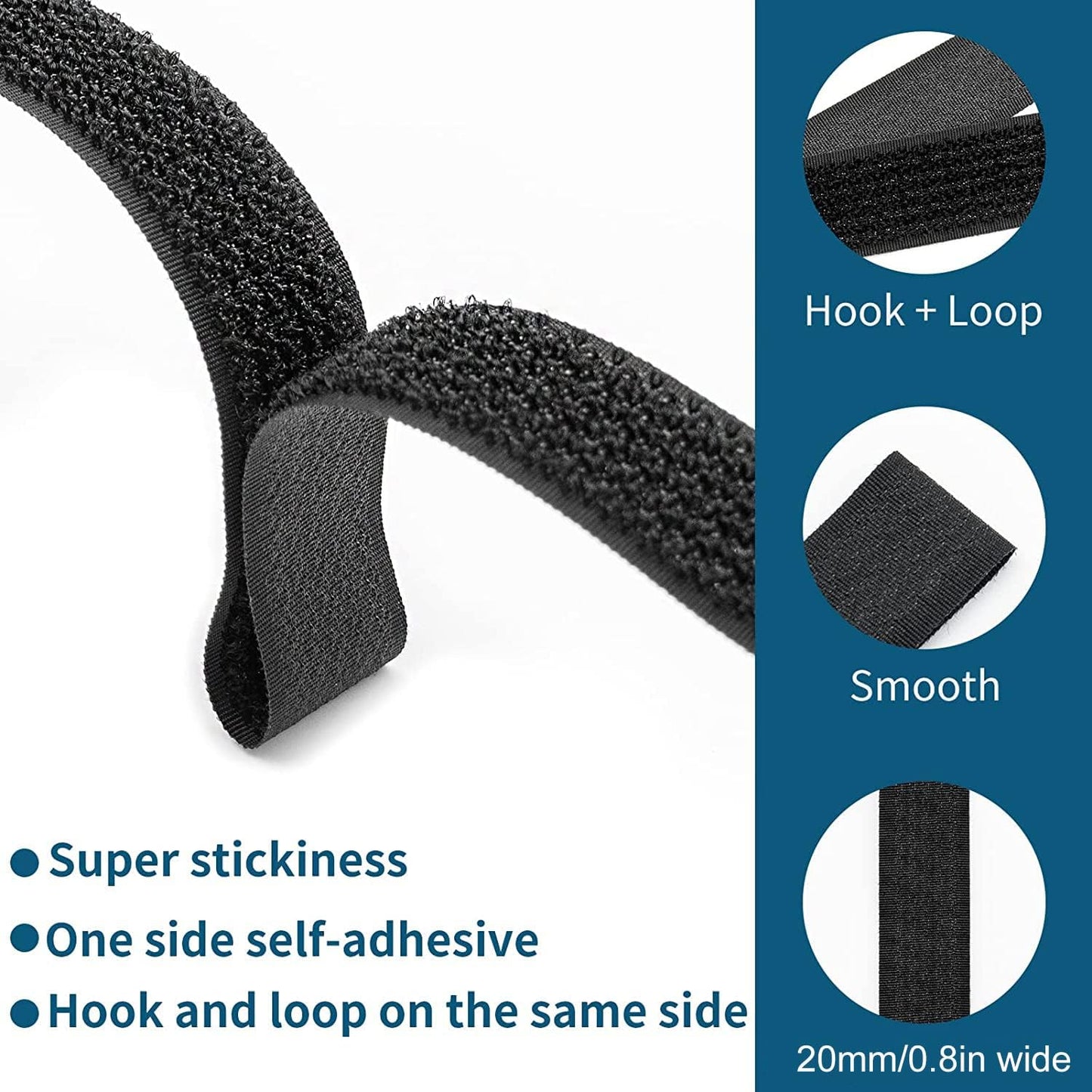 26Ft x 0.8In Adjustable Cable Straps with 30 Buckles, Free Cut Length, Black Reusable Nylon Fastening Cable Ties,Hook and Loop Securing Strap for Cable Tidy Organizer or Storage