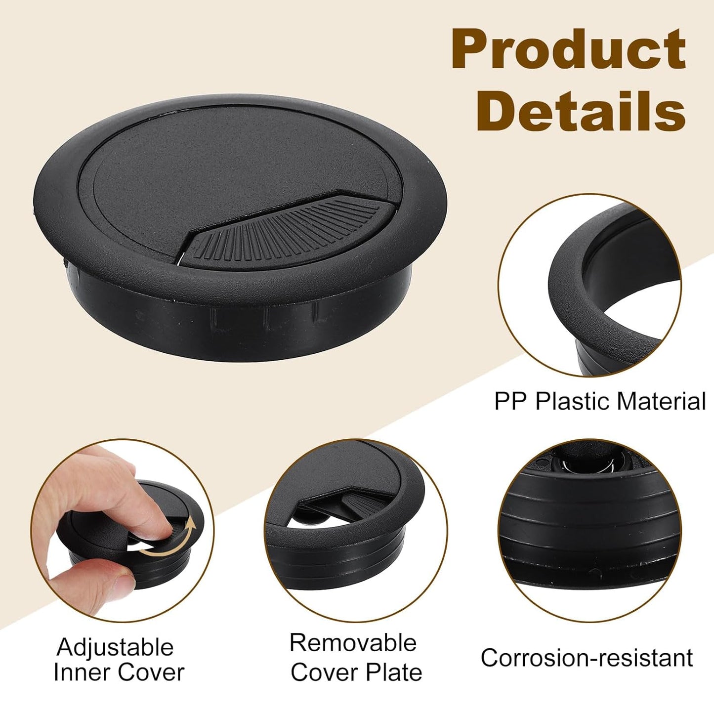 uxcell 5 Pcs 60mm (2.36 Inch) Desk Grommet, Plastic Cable Hole Cover, Wire Cord Cable Organizer for Home Office Computer Desk Cabinet, Black