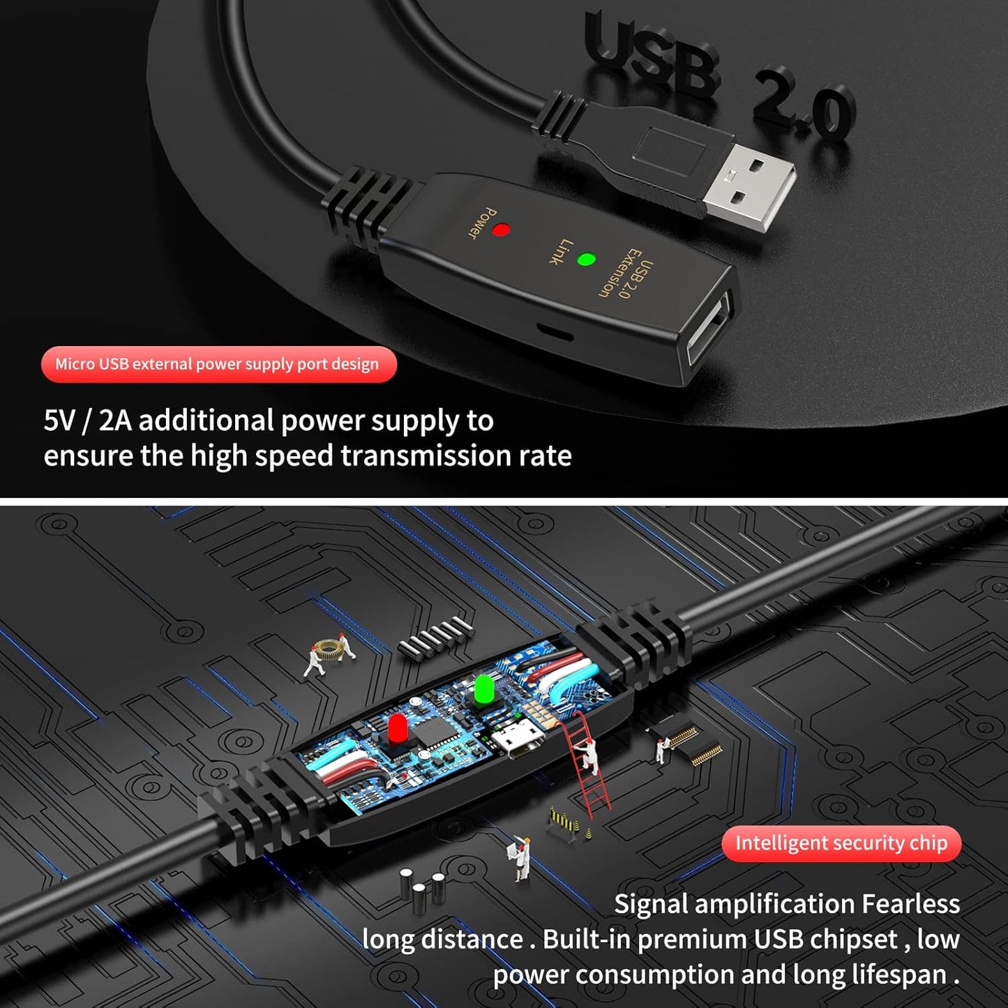 LDKCOK 50FT Active USB Extension Cable 2.0 Male to Female with A Extension chipset Signal Booster - Active Extension/Repeate