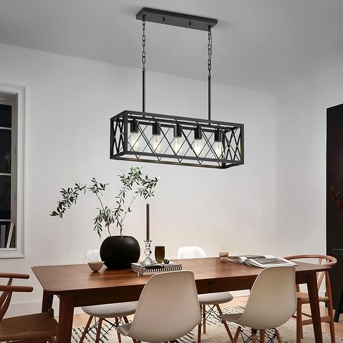 5-Light Kitchen Island Pendant Light, Black Rectangular Farmhouse Chandelier, Industrial Metal Linear Ceiling Hanging Lighting Fixture for Dining Room, Living Room, Entryway, Foyer, Bar