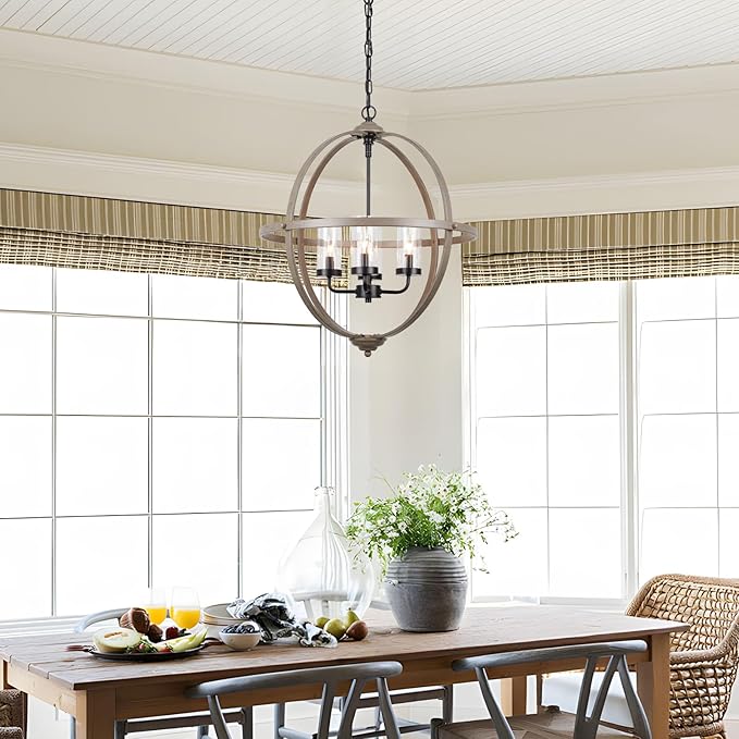 Rustic Chandelier, 20" Wood Finish Hanging Light, 4-Light Globe Vintage Pendant Light Fixture for Living Room, Entryway, Dining Room