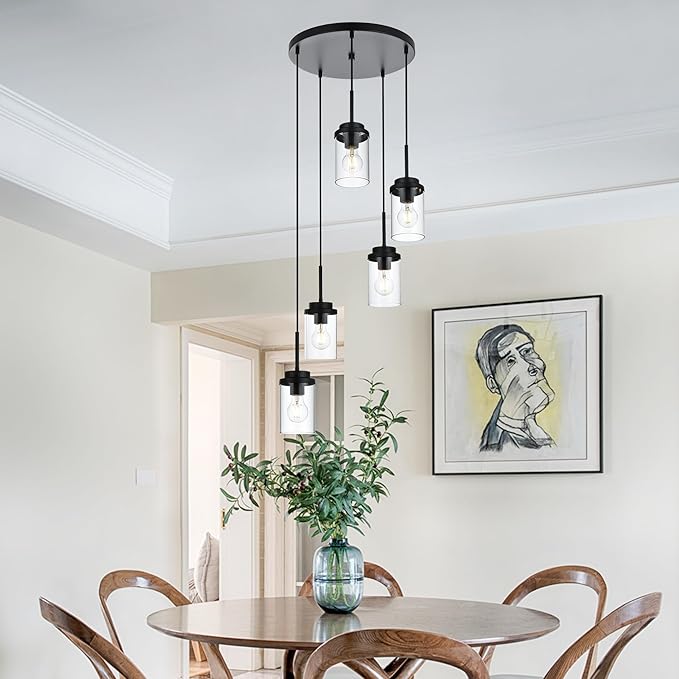 MELUCEE 5-Light Pendant Light Fixtures Ceiling Hanging Cluster Chandelier Black with Clear Glass Shade, Modern Pendant Lighting for Kitchen Island Dining Room Living Room