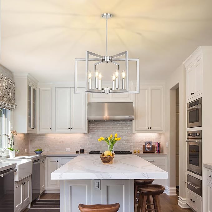 6-Light Brushed Nickel Chandelier, Farmhouse Dining Room Light Fixture, Modern Chandelier, Geometric Industrial Metal Hang Lighting Fixture for Foyer Entryway Kitchen Over Table Hallway Living Room
