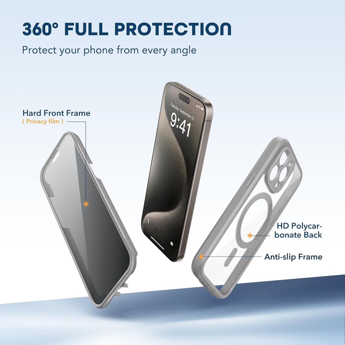 Magnetic for iPhone 15 Pro Max Case, Compatible with MagSafe, Built-in Privacy Screen Protector and Camera Protection, Anti Spy Full Body Dustproof Shockproof Hard Phone Case 6.7", Light Gray