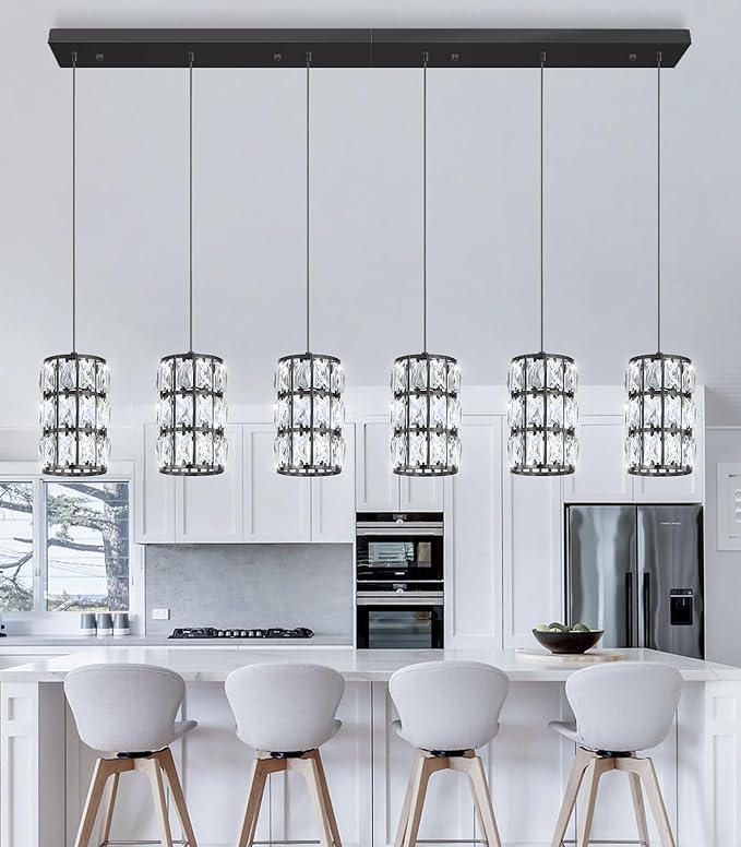 6-Lights Rectangle Modern Crystal Pendant Lights for Kitchen Island LED Dimmable Glam Pendant Lighting Chandelier for Dining Room Hallway Corner Lamp Black