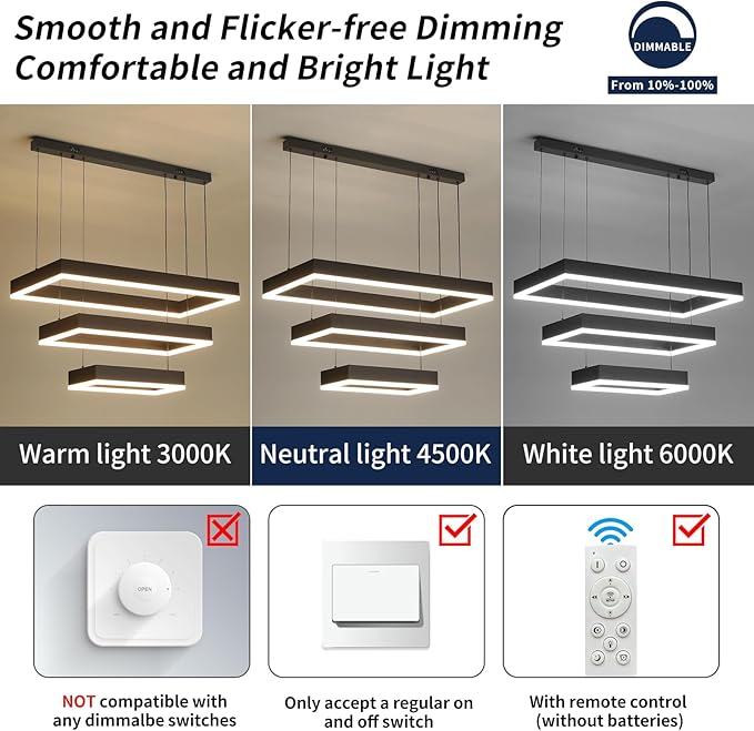 Modern Kitchen Island Pendant Light, Rectangle Dimmable LED Chandelier, 3 Layer Adjustable Ceiling Light Fixture for Dining Room, Living Room, Bedroom, 3000K-6500K, Black Foyer Hanging Light